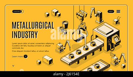 Technologies de l'industrie métallurgique bannière web vectorielle isométrique, page d'arrivée. Verser le métal fondu de la louche dans des moules sur du fou automatisé et robotisé Illustration de Vecteur