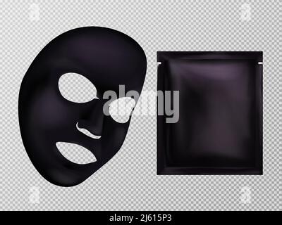 Vector 3d Realistic Black Sheet masque et sachet de maquillage pour le visage. Soins de la peau, crème hydratante ou anti-âge, cosmétiques naturels pour le soin du visage. CHA Illustration de Vecteur