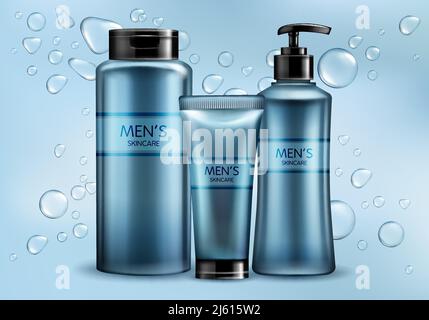 Gamme de cosmétiques de soin de la peau pour hommes 3d réaliste vecteur publicité maquette. Shampooing ou gel douche, savon liquide, lotion de rasage ou crème plastique tube bleu et Illustration de Vecteur