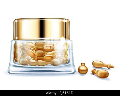 Produit cosmétique pour femmes avec vitamines 3d Realistic Vector. Capsules de soin revitalisantes pour le visage avec de l'huile naturelle dans une ja en verre transparent Illustration de Vecteur