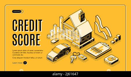 Banque de crédit à la consommation vecteur isométrique promo bannière Web avec maison de chalet, voiture, approuvé demande de prêt document de ligne d'art illustration. Cre personnel Illustration de Vecteur