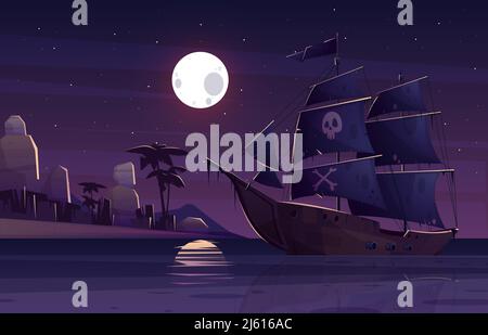 Bateau pirate ou galléon avec crâne humain et os croisés sur les voiles noires, naviguant près de la côte tropicale à la nuit dessin animé vecteur illustration. Trésor Illustration de Vecteur
