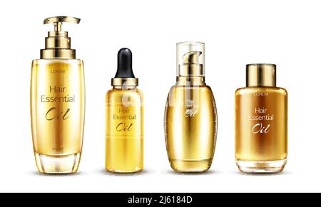 Vector 3d Realistic essence en flacon en verre doré avec distributeur à pompe. Sérums de cheveux dans différents emballages, produits cosmétiques isolés sur le dos blanc Illustration de Vecteur
