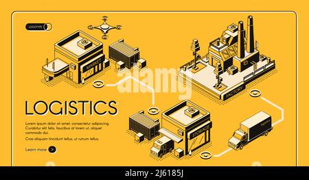 Bannière web vectorielle isométrique du service de logistique d'affaires, page d'arrivée. Livraison de drone et de camion transportant des marchandises de l'usine à l'entreposage et à la commercialisation i Illustration de Vecteur