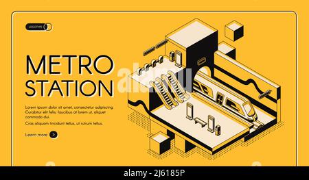 Infrastructure de système de transport urbain bannière web vectorielle isométrique, modèle de page d'arrivée. Métro moderne dans le tunnel de la station de métro wi Illustration de Vecteur