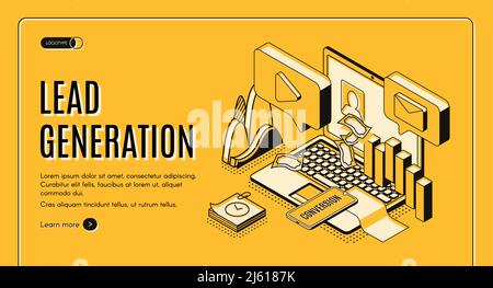 Génération de leads stratégie de marketing Internet projection isométrique bannière web vecteur, modèle de page d'arrivée. E-commerce des études de performance des ventes, onli Illustration de Vecteur