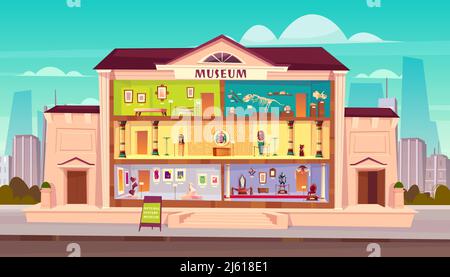 Histoire naturelle, ethnographique, paléontologie, concept de vecteur de dessin animé de musée d'art. Bâtiment en coupe transversale avec l'égypte, l'histoire médiévale, le skel des dinosaures Illustration de Vecteur