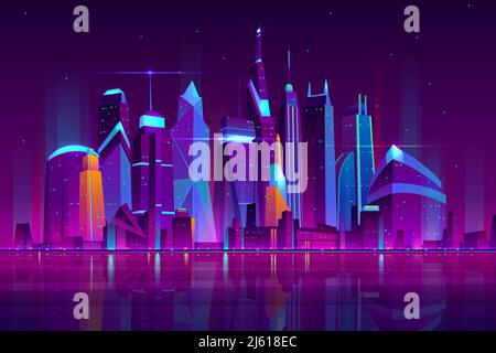 Ville moderne dessin animé vecteur paysage de nuit. Paysage urbain avec gratte-ciel bâtiments sur la rive de la mer illuminés de néon illustrationratio Illustration de Vecteur