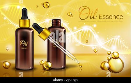 Essence d'huile dans des flacons en verre brun avec pipette et liquide jaune dans des gouttelettes, des taches. Cosmétiques huileux, vitamines naturelles produit cosmétique, affiche, promo Illustration de Vecteur