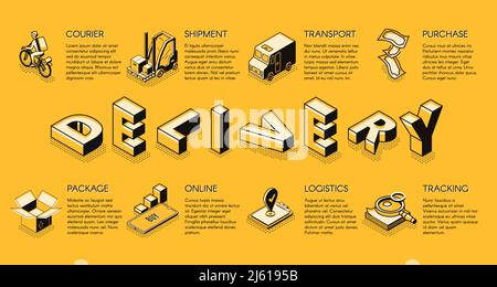 La société de livraison commerciale ou logistique, bannière vectorielle isométrique, modèle d'affiche avec coursier de vélo, suivi en ligne du processus d'expédition, produit acheté Illustration de Vecteur