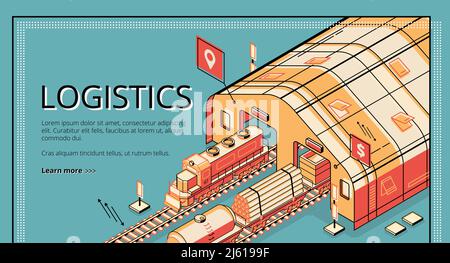 Bannière web vectorielle isométrique de la logistique de production industrielle. Locomotive tirant des wagons de marchandises avec du bois, des tuyaux, des matériaux en vrac du dépôt ou du chemin de fer Illustration de Vecteur