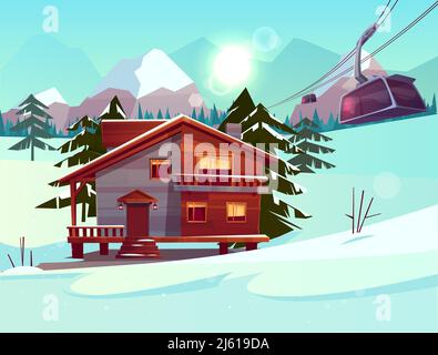 Station de ski avec maison ou chalet, télécabine télécabine, paysage de montagne d'hiver avec des épinettes et des sommets enneigés et des pistes. Winterti Illustration de Vecteur