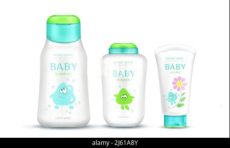 Ensemble de cosmétiques pour bébés avec motif enfants, bouteille en plastique maquette de crème, shampooing, savon, mousse, hydratant avec personnage de dessin animé isolé sur whi Illustration de Vecteur