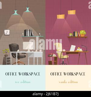 Solutions d'éclairage pour un espace de travail moderne Environnement agréable 2 vertical bannières de dessin animé fond coloré illustration vectorielle isolée Illustration de Vecteur