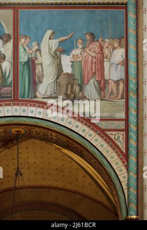 Melchisédek bénit Abraham et offre du pain et du vin. Peinture murale du peintre français Jean-Hippolyte Flandrin (1856-1863) dans l'église Saint-Germain-des-Prés à Paris, France. Banque D'Images