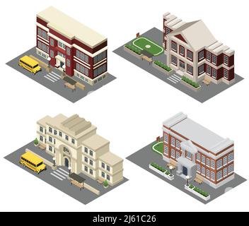 Icônes isométriques du bâtiment de l'école avec bus de terrain et bancs illustration vectorielle isolée Illustration de Vecteur