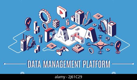 Plate-forme de gestion de données, bannière d'infographie isométrique dmp, statistiques financières d'analyse d'entreprise, recherche Web, analyse de contenu multimédia, réécoute de base de données Illustration de Vecteur