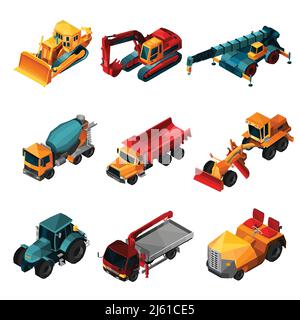 Machines de construction isométrique équipées d'un tracteur à bulldozer bas en polyéthylène et illustration vectorielle isolée de la pelle hydraulique Illustration de Vecteur