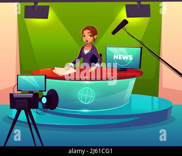 Anchorwoman à la télévision chanel studio dessin animé vecteur. Une présentatrice féminine assise à son bureau pendant la diffusion, présentant les dernières nouvelles et le spectacle en direct de premier plan Illustration de Vecteur