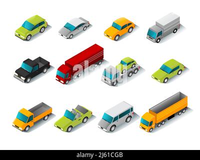 Icônes de voiture isométriques avec des fourgonnettes et des camions 3d isolés illustration vectorielle Illustration de Vecteur