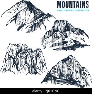 Contours dessinés à la main de différentes formes de montagnes et de ses illustration vectorielle isolée des pics sur fond blanc Illustration de Vecteur