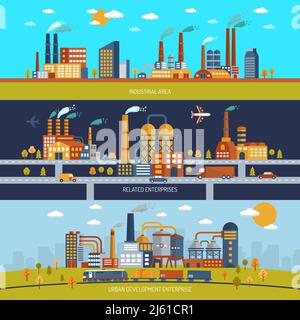 Ensemble de banderoles horizontales d'usine avec bâtiments de zone industrielle isolés à plat illustration vectorielle Illustration de Vecteur