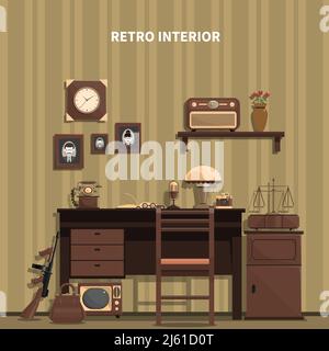 Intérieur rétro avec un microphone une table une radio et photos illustration vectorielle plate Illustration de Vecteur