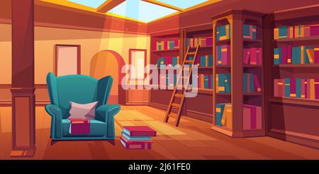 Place pour la lecture de livres, intérieur de la bibliothèque à la maison, chambre vide avec étagères en bois, échelle, fauteuil confortable avec oreiller, fenêtre en verre sur le toit, literatur Illustration de Vecteur