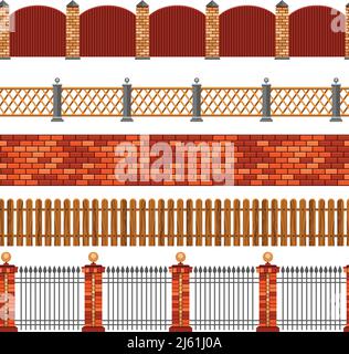 Illustration vectorielle d'un ensemble horizontal sans couture de clôtures isolées plates et les bordures sur fond blanc Illustration de Vecteur