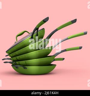 Pile de poêles à frire avec couvercle en verre sur des ustensiles de cuisine antiadhésifs roses Banque D'Images