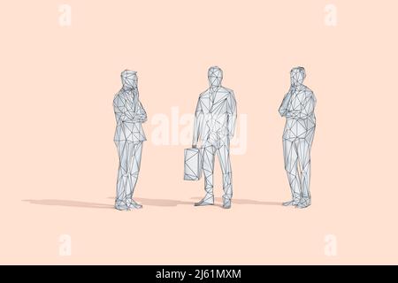 Faible polyfilaire d'homme d'affaires avec valise par des collègues réfléchis en studio Banque D'Images