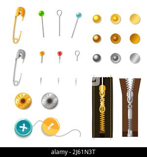 Ensemble d'accessoires en métal comprenant des boucles et des fermetures à glissière de couleur illustration vectorielle isolée Illustration de Vecteur