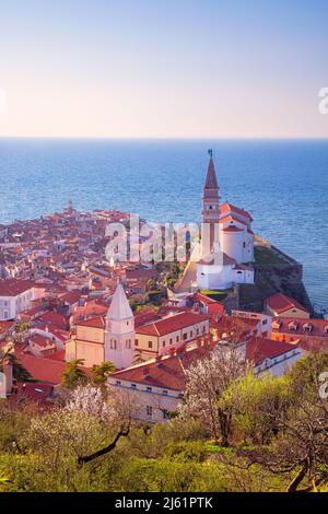 Piran, Slovénie. Image de paysage urbain aérien de Piran, Slovénie au coucher du soleil de printemps. Banque D'Images