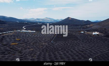 Espagne, Lanzarote, vue aérienne du paysage volcanique du vignoble de Bodega la Geria Banque D'Images
