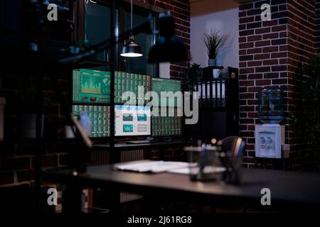 Intérieur de la station de travail Forex stock Market avec plusieurs moniteurs et graphiques financiers sur les écrans. Bureau commercial vide avec personne dans lui avec des écrans montrant l'information financière et le graphique en temps réel. Banque D'Images