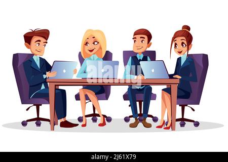 Vector caricature les gens d'affaires assis à un bureau avec des ordinateurs portables communiquant lors de brainstorming, de réunion ou de conférence. Travail d'équipe, concept de travail d'équipe. HAP Illustration de Vecteur
