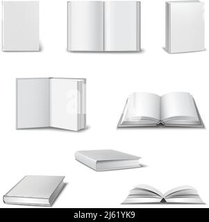 Ensemble réaliste de livres ouverts et fermés 3d avec blanc illustration vectorielle isolée à couverture blanche Illustration de Vecteur
