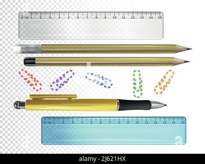 Papier à lettres de l'université illustration vectorielle d'un stylo à encre 3D, de crayons avec gommes à effacer et règles ou de trombones. Outils d'écriture et de mesure réalistes isolés sur t Illustration de Vecteur