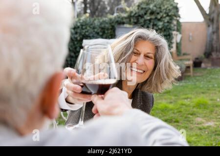 Joyeux couple senior qui toasque des lunettes de vin dans le jardin Banque D'Images
