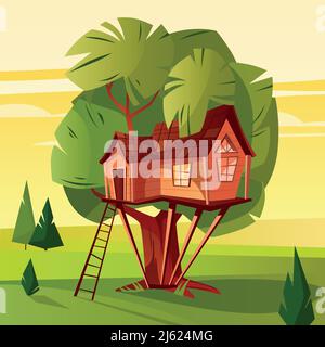 Maison d'arbres illustration vectorielle de cabane en bois avec échelle et fenêtres en forêt. Chalet de bois de dessin animé ou hovel pour enfants d'été treehouse ou la nature bu Illustration de Vecteur