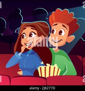 Couple en cinéma illustration vectorielle de jeunes garçons et filles regardant le film ensemble. Caricature adolescents ou homme et femme mangeant du pop-corn heureux ou excités smi Illustration de Vecteur