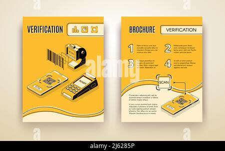 Business digital vérification paiement services société brochure publicitaire modèle vectoriel isométrique avec lecteur de code-barres, lecteur de carte de crédit et QR Illustration de Vecteur