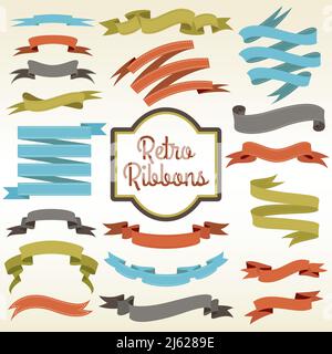 Retro rubans garnitures boutures morceaux bouclés arrangement composition notions magasin publicité nostalgique poster imprimé illustration vectorielle abstraite Illustration de Vecteur