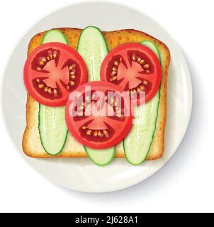 Idée de petit déjeuner sain de pain de wholegrain avec tomates fraîches et illustration vectorielle des tranches de concombre appétissantes en vue de dessus Illustration de Vecteur