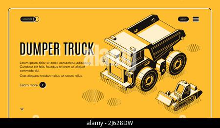 Bannière web vectorielle isométrique pour l'industrie lourde et les sociétés minières, transport et machines, avec tombereau de chantier et illustration de la gamme de bulldozer. Soins Illustration de Vecteur