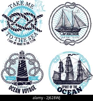 Collection d'emblèmes marins avec phare de compas de corde de bateau illustration vectorielle isolée de style tracé à la main Illustration de Vecteur
