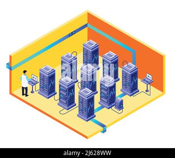 Concept de section transversale du centre de stockage de données isométrique vectoriel spécialiste chargé de la maintenance du matériel et des logiciels sur le serveur connecteur de rack Illustration de Vecteur