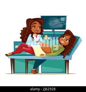 Femme enceinte sur l'échographie obstétrique vecteur dessin animé illustration de l'examen médical de grossesse. Design plat de femme noire médecin et patient sur Illustration de Vecteur