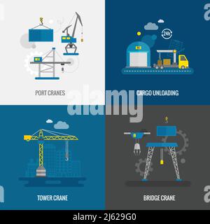 Ensemble concept de conception d'équipement de levage avec pont-grue de tour de port icônes plates illustration vectorielle isolée Illustration de Vecteur