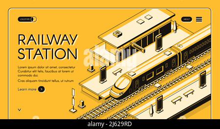 Bannière web vectorielle isométrique de la gare avec train express à grande vitesse s'arrêtant pour prendre des passagers illustration de la ligne d'art. Ville moderne transpo Illustration de Vecteur